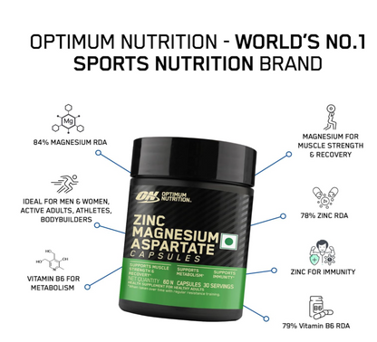 Optimum Nutrition (ON) Zinc Magnesium Aspartate (ZMA) - 60 Capsules, Muscle Strength, Metabolism, Immunity, Vegetarian