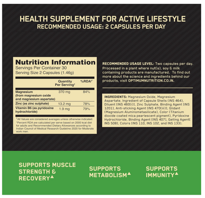 Optimum Nutrition (ON) Zinc Magnesium Aspartate (ZMA) - 60 Capsules, Muscle Strength, Metabolism, Immunity, Vegetarian