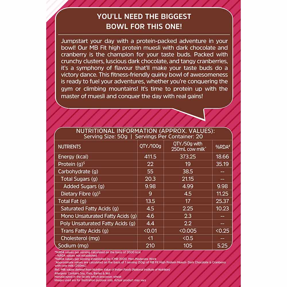 MuscleBlaze Fit High Protein Muesli (1kg, Dark Chocolate & Cranberry) | 22g Protein | With Raisins, Almonds & Super Seeds, High Protein Breakfast Cereals