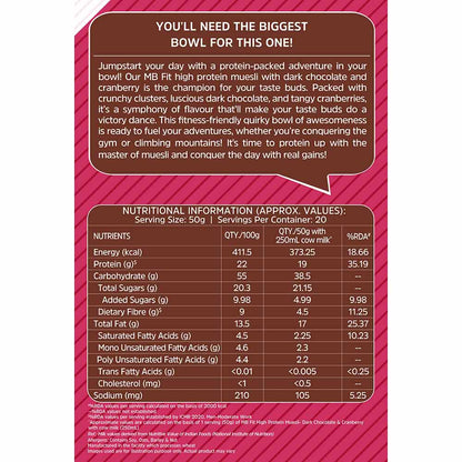 MuscleBlaze Fit High Protein Muesli (1kg, Dark Chocolate & Cranberry) | 22g Protein | With Raisins, Almonds & Super Seeds, High Protein Breakfast Cereals