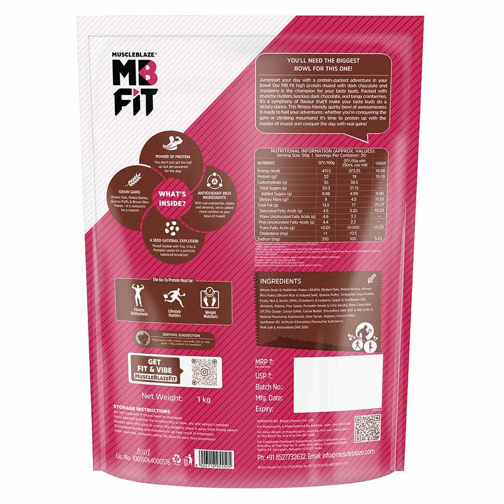MuscleBlaze Fit High Protein Muesli (1kg, Dark Chocolate & Cranberry) | 22g Protein | With Raisins, Almonds & Super Seeds, High Protein Breakfast Cereals