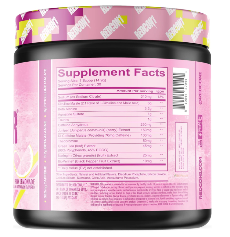 REDCON1 Total War Pre Workout - Beta Alanine + Citrulline Malate Keto Friendly Preworkout for Men & Women with 320mg of Caffeine - Fast Acting - Pink Lemonade (30 Servings)