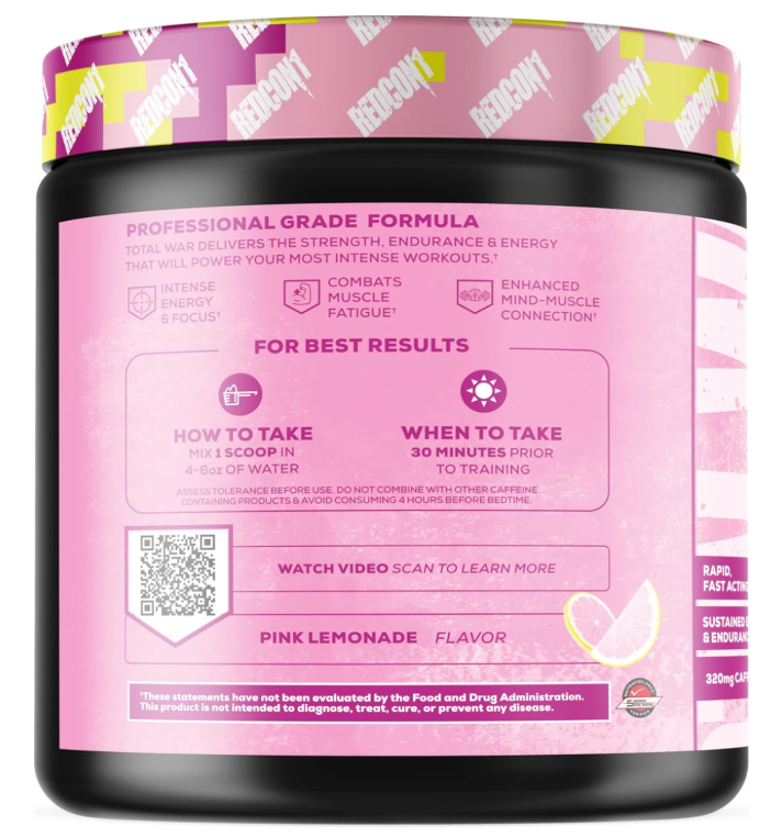 REDCON1 Total War Pre Workout - Beta Alanine + Citrulline Malate Keto Friendly Preworkout for Men & Women with 320mg of Caffeine - Fast Acting - Pink Lemonade (30 Servings)