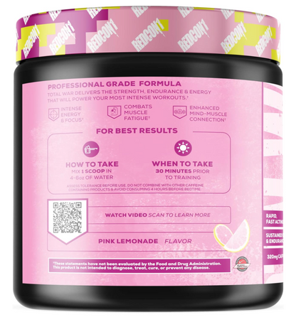 REDCON1 Total War Pre Workout - Beta Alanine + Citrulline Malate Keto Friendly Preworkout for Men & Women with 320mg of Caffeine - Fast Acting - Pink Lemonade (30 Servings)