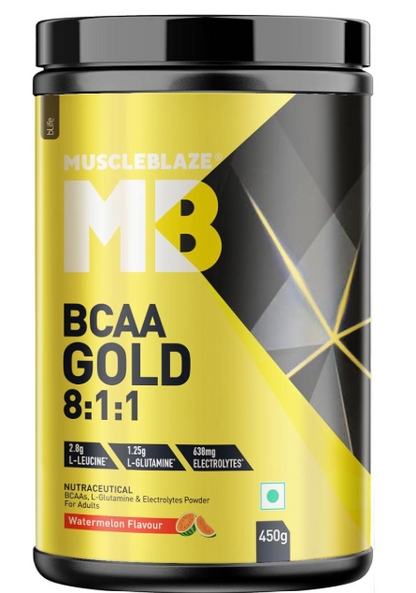 MuscleBlaze BCAA Gold 8:1:1 Powder, Fruit Punch (60 Servings, 450g) | With Higher Leucine, Electrolytes & Glutamine